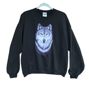 VTG 90s Jerzees Wolf Face Head Black Sweatshirt Graphic Crewneck Size Large L